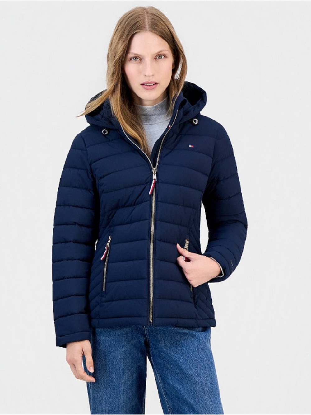 Tommy Hilfiger Navy Quilted Packable Hooded Puffer Jacket Women’s Size Large